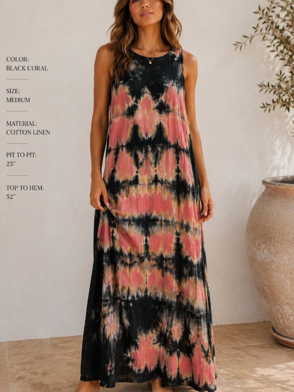 Cut Loose Linen Tie Dyed Sleeveless Dress Size Medium Set Cotton Black Coral